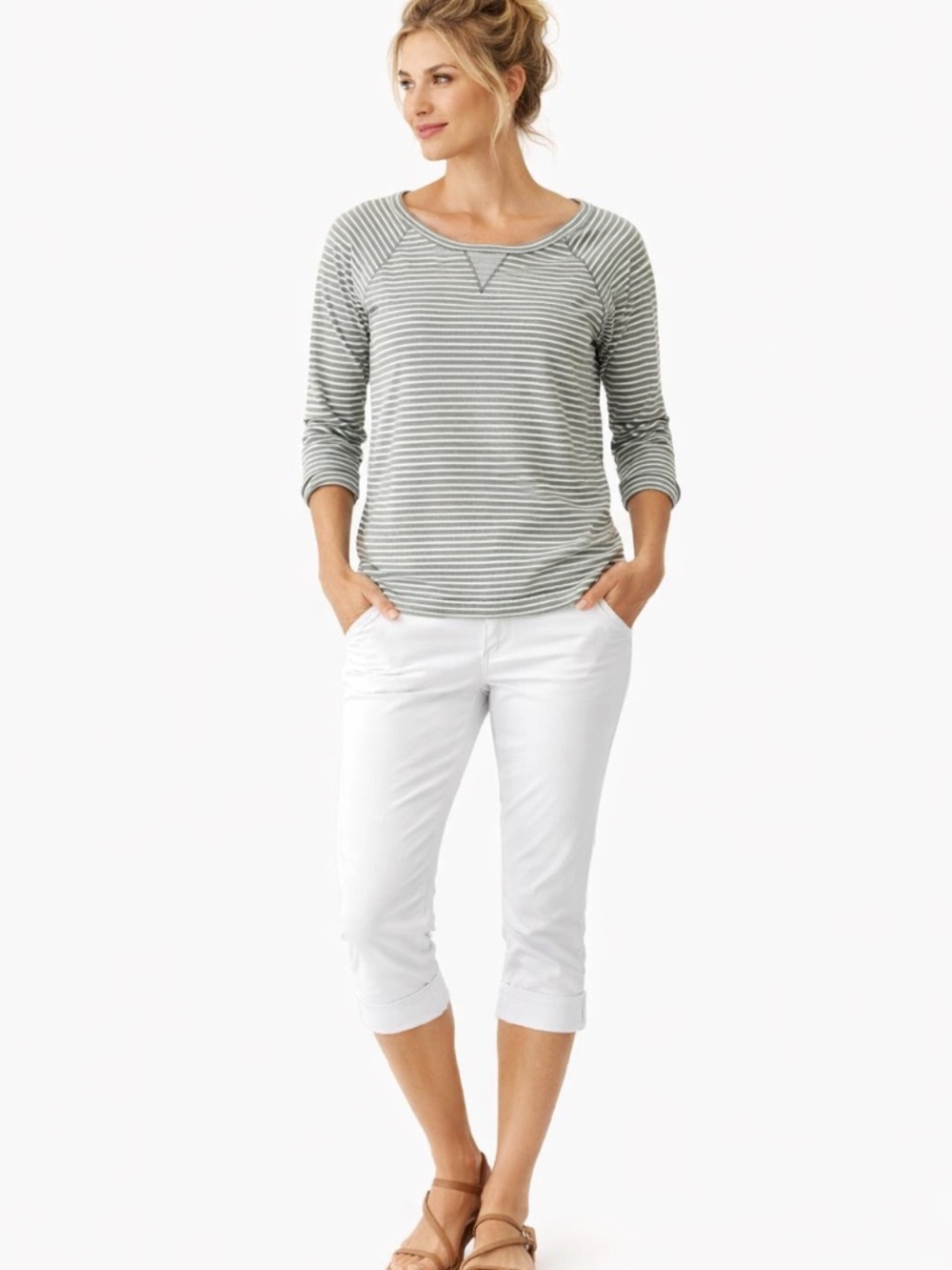 Lauren Jeans Co Soft Striped Pullover‎ Long Sleeve Grey Top, Medium